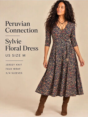 Peruvian Connection Sylvie Floral Jersey Faux Wrap Midi Dress Size M